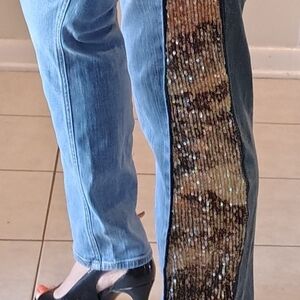 Upcycle Jeans Sz 10 OOAK Side Panel Sequins Camo Sexy Legging Denim Pant Stretch
